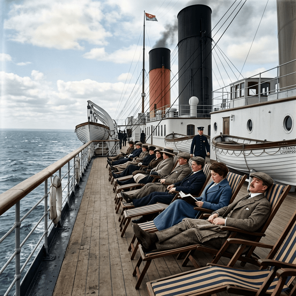Passengers seated in deck chairs on Titanic ship deck with lifeboats and smokestacks