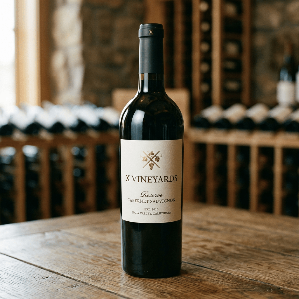 Bottle of X Vineyards Reserve Cabernet Sauvignon wine from Napa Valley on a wooden table