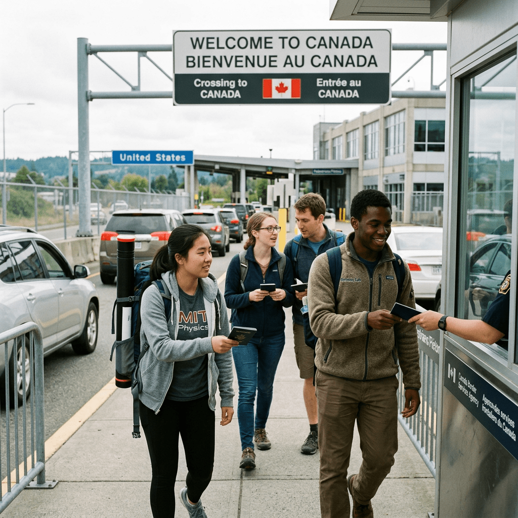 Four people with backpacks presenting passports to a border officer at the Canada crossing