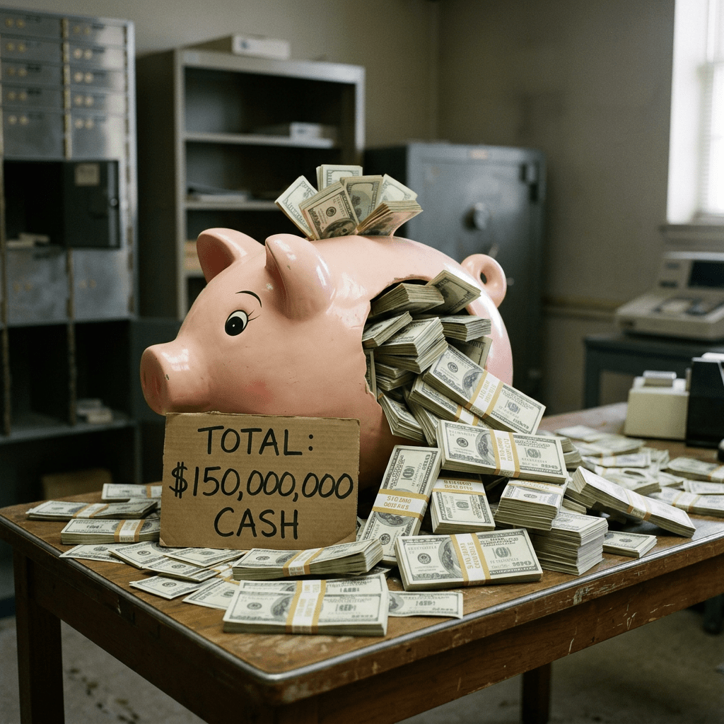 Pink piggy bank overflowing with large bundles of US dollar bills and a sign reading total 150 million cash