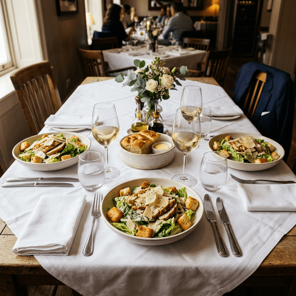 Three bowls of Caesar salad with grilled chicken, croutons, and Parmesan cheese on a white tablecloth with glasses of white wine and bread